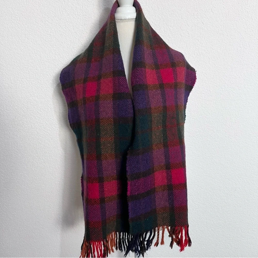 Green Grove Weavers Scotland Multi Color Plaid Tartan Wool Fringe Scarf Unisex